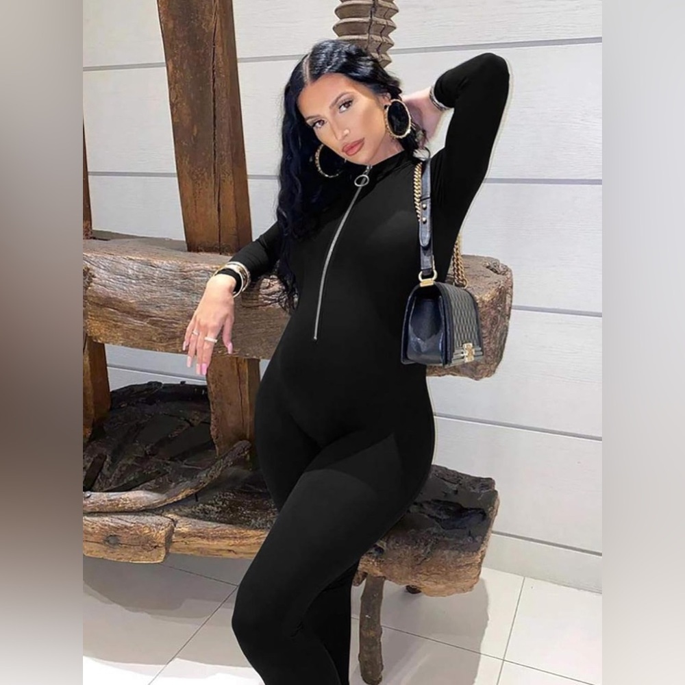 Women's Bodycon Long Sleeve V Neck Zipper Jumpsuit Rompers